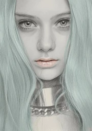 Close-up portrait illustration of a young woman with long pale mint green hair wearing a thick silver choker necklace.