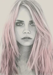Detailed portrait illustration of a young woman with long blonde hair tinged with pink highlights against a neutral background.
