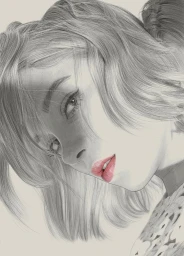 Close up graphite pencil portrait of a woman with detailed blonde hair and realistic pink lips by Kei Meguro