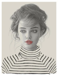 Portrait illustration of a woman wearing a striped turtleneck sweater with detailed hair and a splash of red lip color