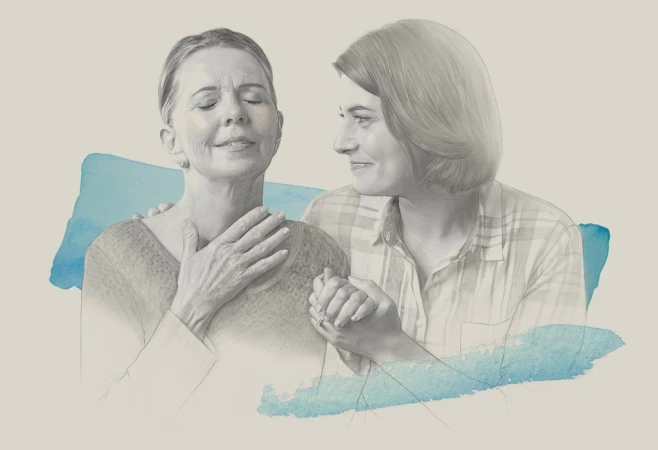 Pencil illustration by Kei Meguro of two women holding hands, with a blue watercolor wash background.