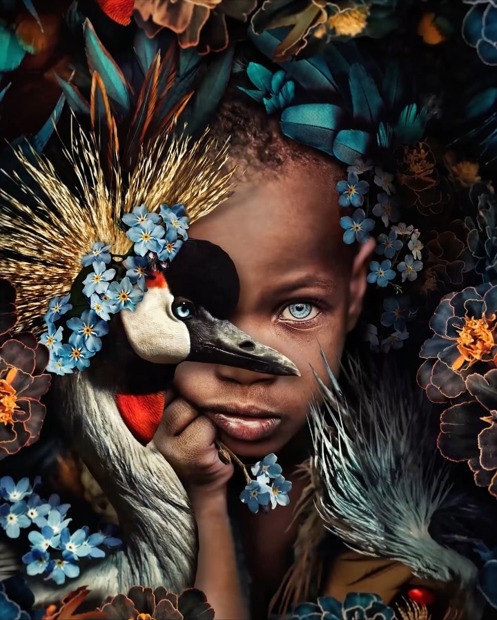 Child portrait with bird and floral elements. Features an African child with blue eyes, surrounded by flowers and a crane.