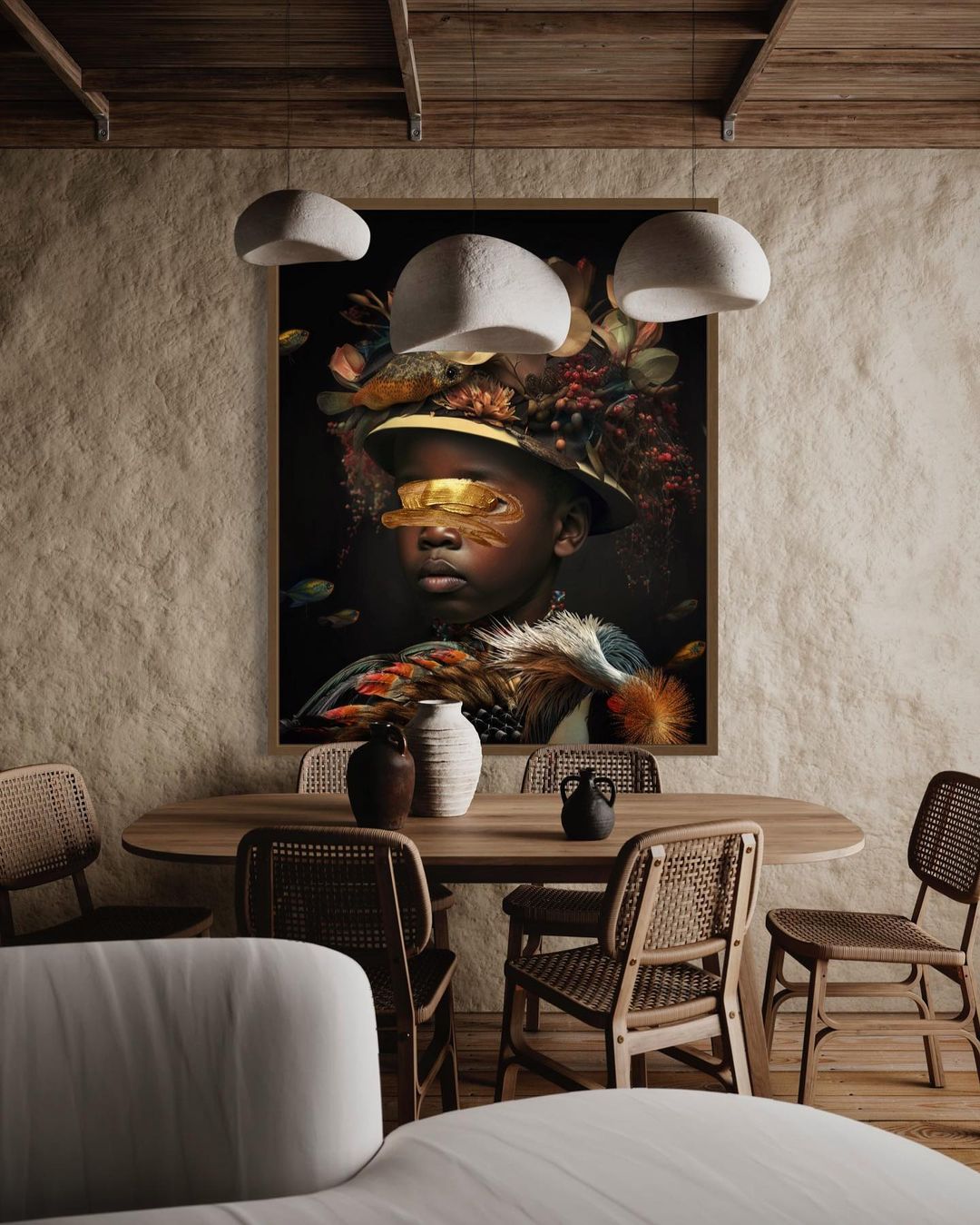 Portrait of a child wearing a decorated hat in a dining room with wood table, wicker chairs, and hanging pendant lights.