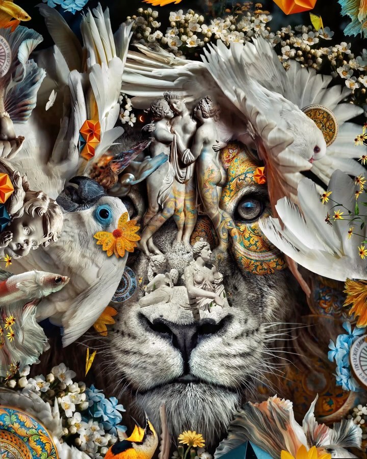 Surreal digital art featuring a lion's face adorned with sculptures of people, flowers, feathers, and geometric shapes in a collage style.