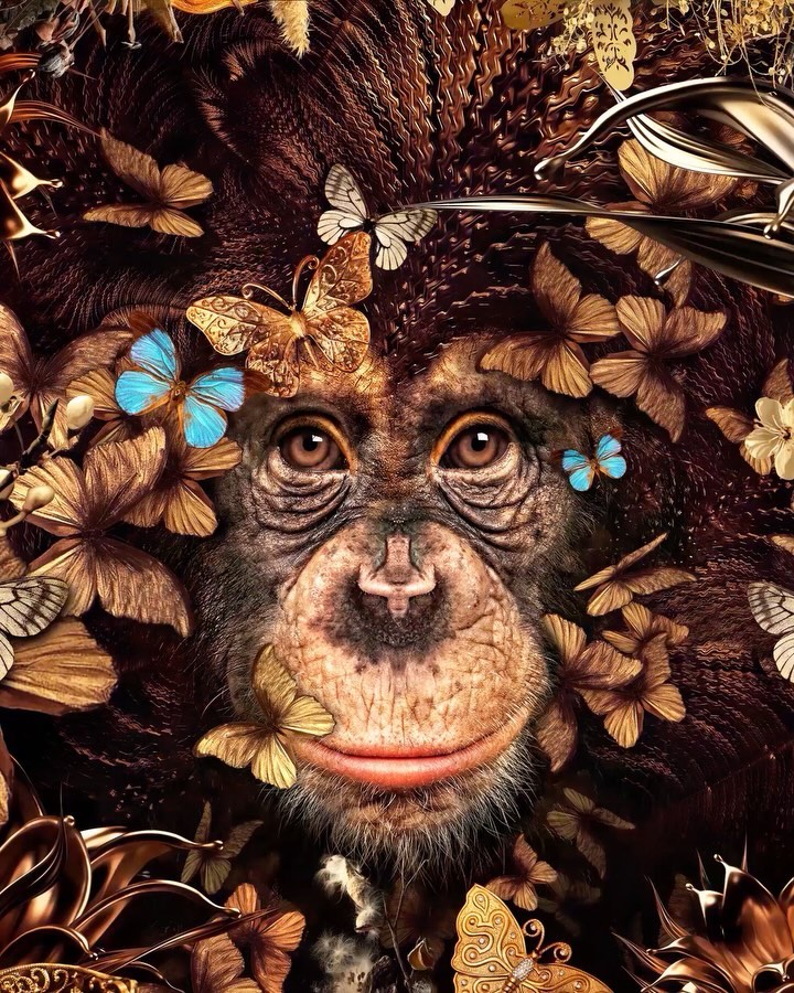 Close-up portrait of an orangutan surrounded by golden butterflies and flowers, showcasing a blend of nature and artistic illustration.