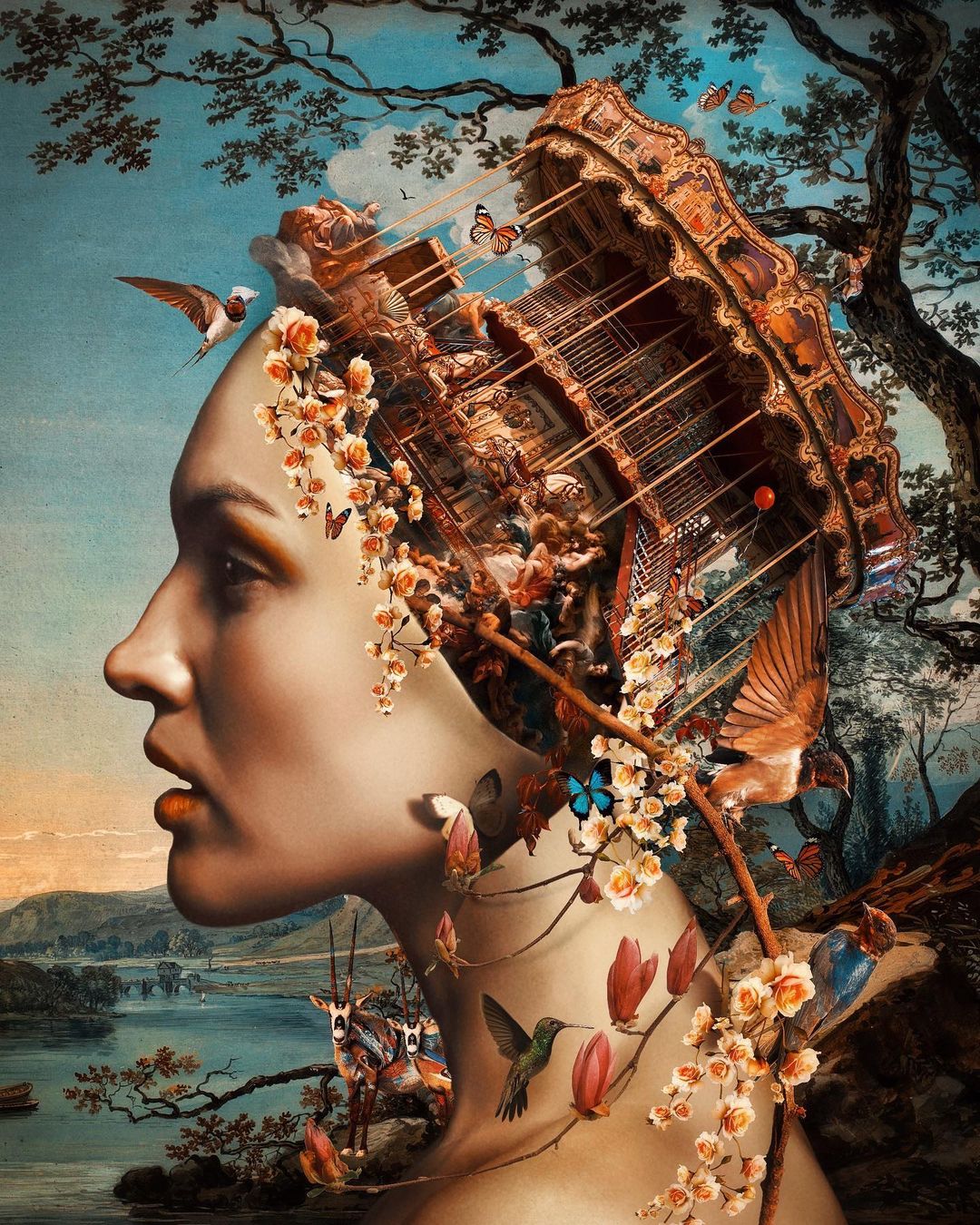 Surreal portrait of a woman with carousel-like headpiece, butterflies, flowers, and bird accents against a landscape background.