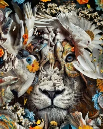 Surreal digital artwork by Marcel Van Luit featuring a lion's face intertwined with classical statues, white birds, and vibrant floral arrangements.