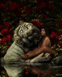 Lizzo seated next to a white tiger in dark water surrounded by red roses in a surreal artistic portrait by Marcel Van Luit