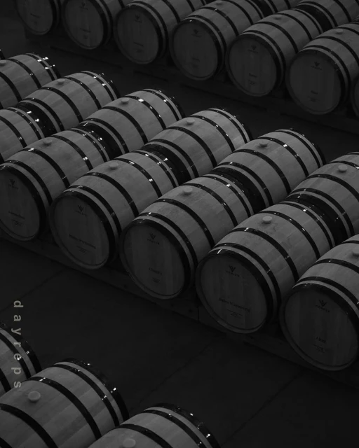 Monochromatic image of wooden wine barrels stacked in rows, creating a pattern of dark bands and light wood tones in dim lighting.