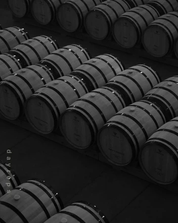 Monochromatic image of wooden wine barrels stacked in rows, creating a pattern of dark bands and light wood tones in dim lighting.