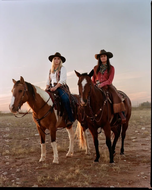 Two women in cowboy hats ride horses in a rural field at sunset. The horses are brown and white, and the women wear Western attire.