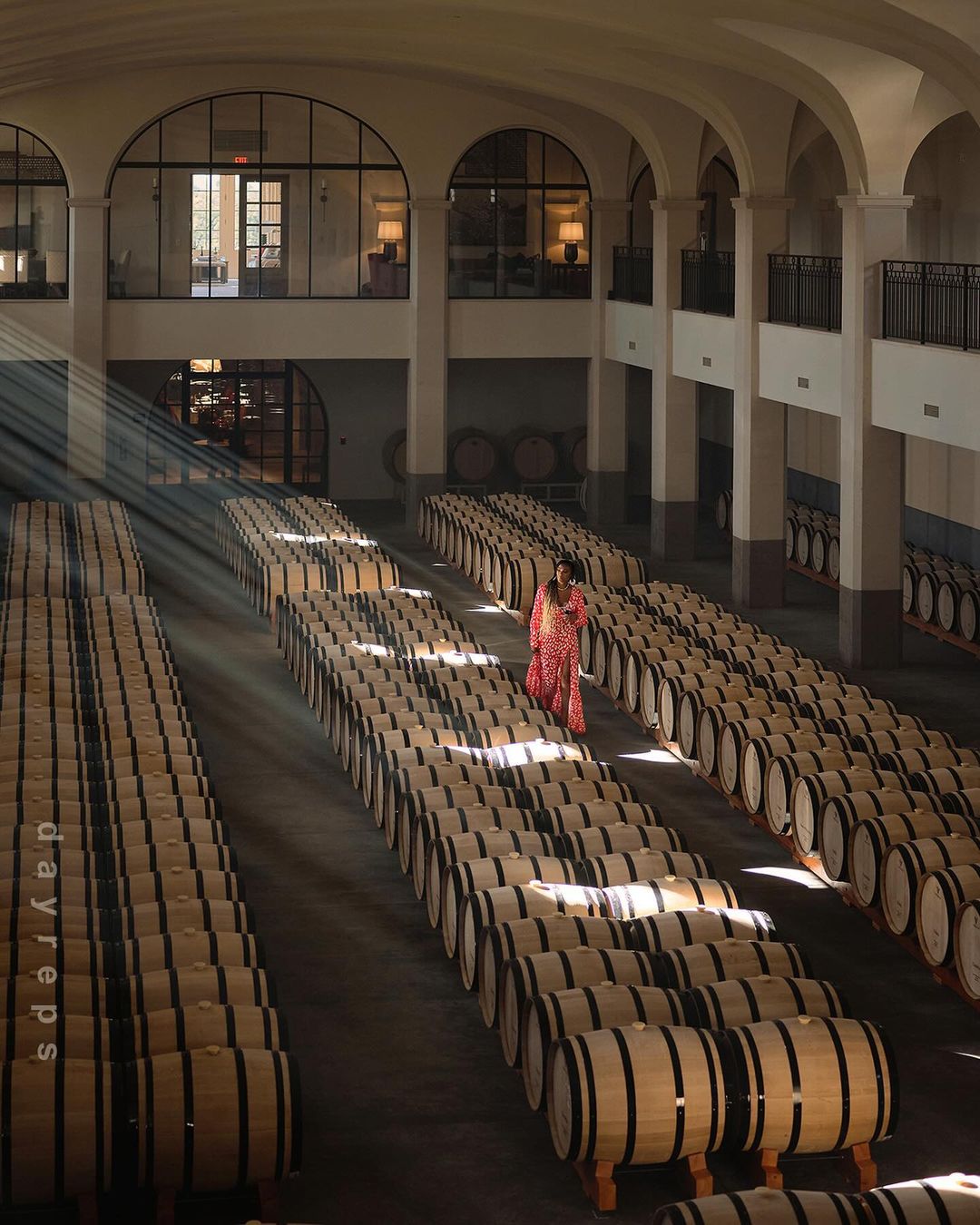 An adult female walks between rows of oak barrels in a brightly lit cellar with barrel-vaulted ceilings and light-toned walls and floors.