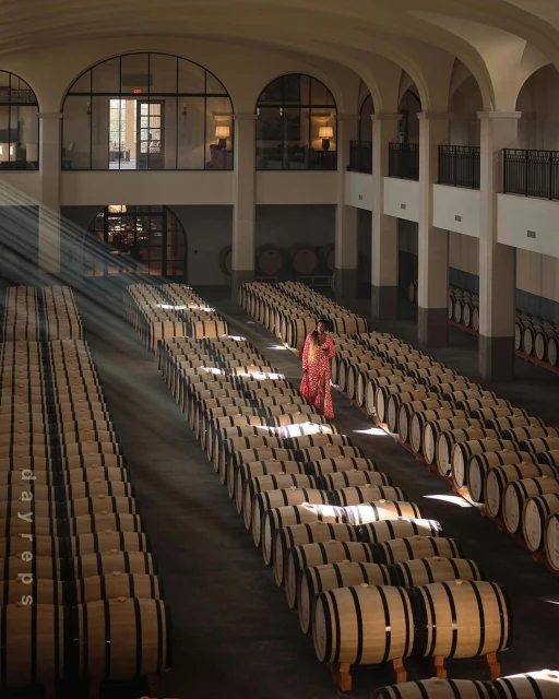 An adult female walks between rows of oak barrels in a brightly lit cellar with barrel-vaulted ceilings and light-toned walls and floors.