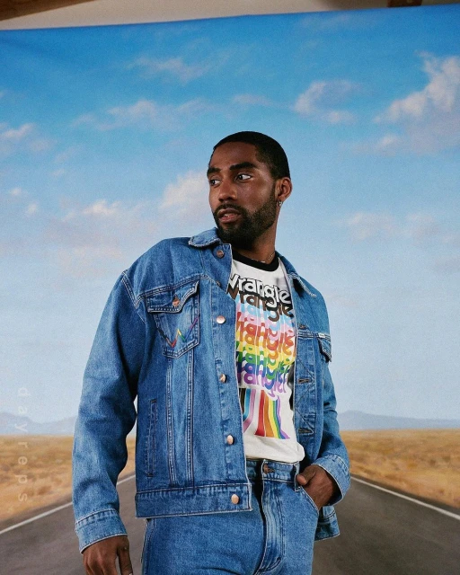 Adult male in a denim jacket and jeans stands on a road against a sky backdrop, showcasing fashion and casual style.
