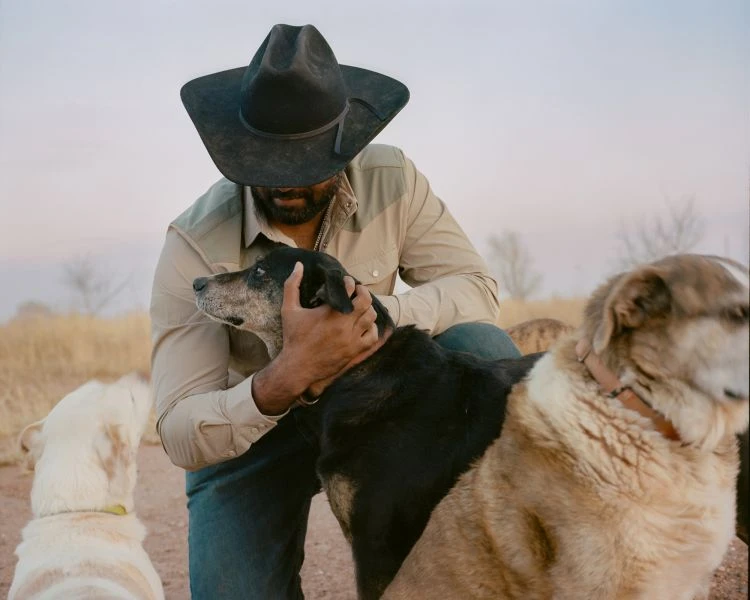 A man wearing a cowboy hat sits and hugs a dog surrounded by three dogs in an outdoor setting with a muted color palette.