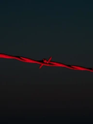 A horizontal red illuminated barbed wire strand cutting across a dark twilight sky background by Allie and Jesse