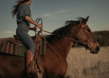 Woman riding a brown horse outdoors in a dry landscape, wearing a striped shirt, jeans, and tall leather boots.