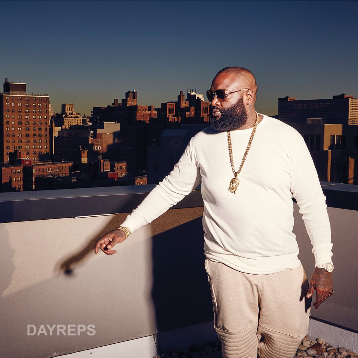 Rick Ross poses on a rooftop with city buildings in the background. He is wearing sunglasses, a gold chain, and a cream-colored outfit.