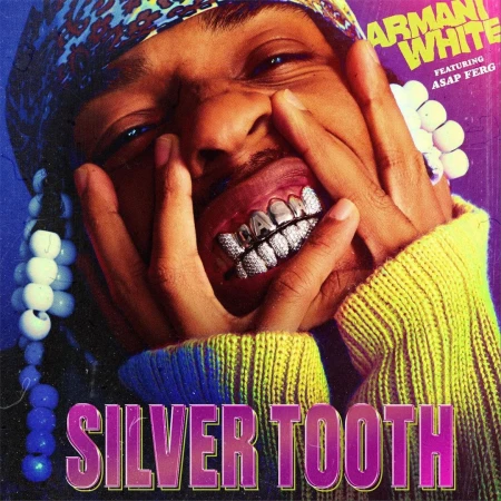 Music album cover featuring a young African American man with silver teeth, holding his face. Bright colors and bold text are prominent.