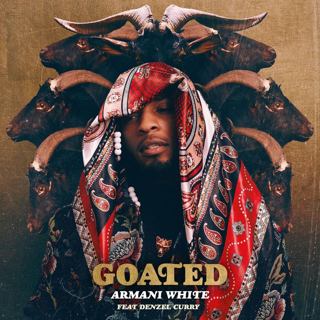 Portrait of a musician, Armani White, wearing a patterned headscarf, with goats in the background, as an album cover or promotional image.