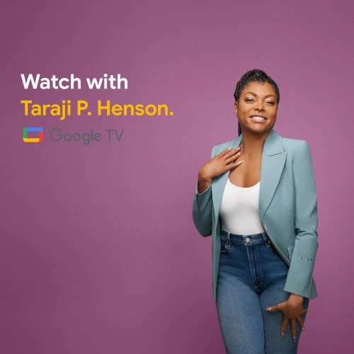 Headshot of Taraji P. Henson smiling in a blazer and jeans against a purple background with Google TV logo.