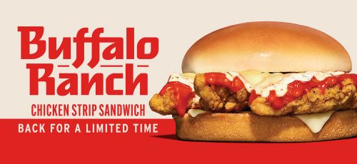 Close-up shot of a Buffalo Ranch chicken strip sandwich with a toasted bun, crispy chicken strips, sauce, and melted cheese.