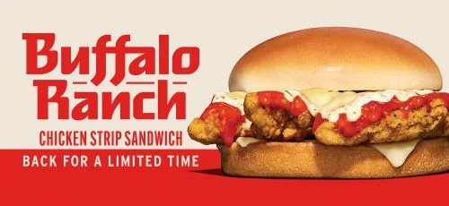 Close-up shot of a Buffalo Ranch chicken strip sandwich with a toasted bun, crispy chicken strips, sauce, and melted cheese.