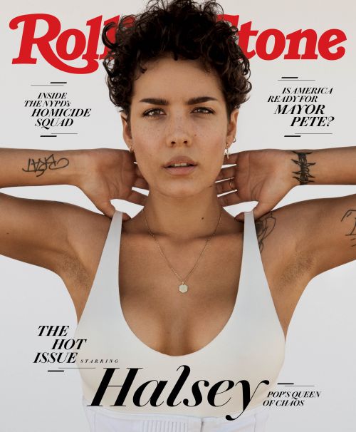 Halsey cover for Rolling Stone magazine, featuring a close-up of her face and upper body, with magazine text overlays.