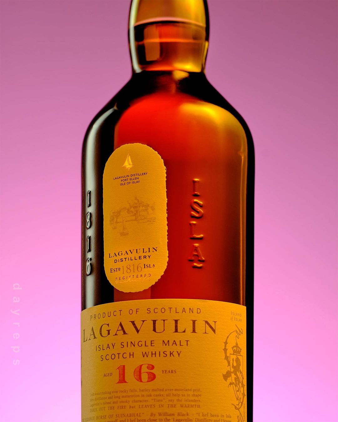 A bottle of Lagavulin Islay Single Malt Scotch Whisky stands against a soft gradient pink backdrop, highlighting its amber hue.