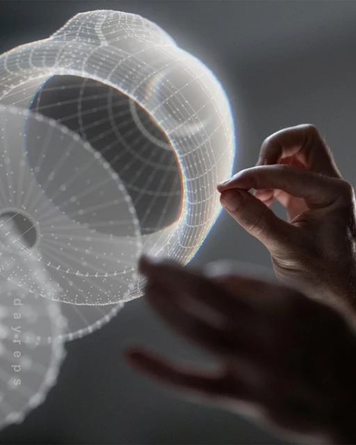 Hands interact with a semi-transparent, spherical CGI wireframe model in a grey studio setting, showcasing technology and design.