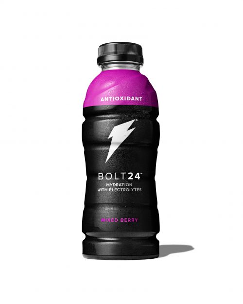A black Bolt24 hydration drink bottle with a purple top, featuring a white lightning bolt and the words 'Mixed Berry' on a white background.