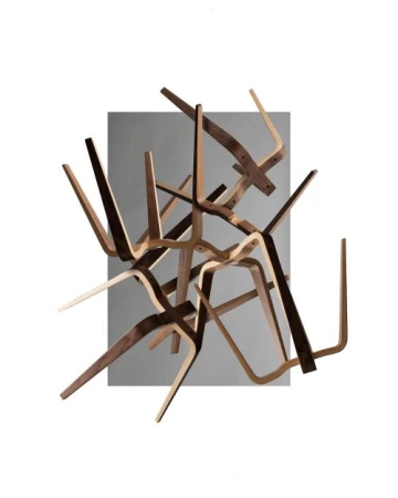 Abstract sculpture of bent light and dark wood pieces overlapping in front of a gray rectangle on a white background, studio lighting.