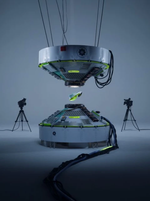 An artful product photography image showcasing a futuristic green shoe suspended between two industrial, metallic, robotic-looking platforms.