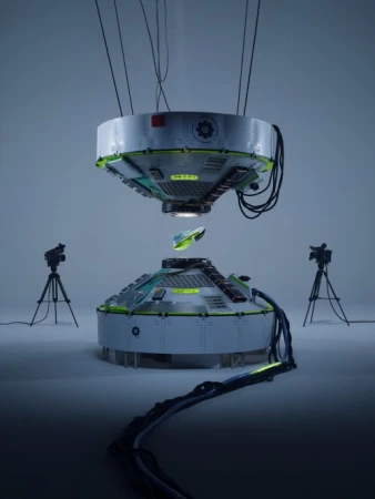 An artful product photography image showcasing a futuristic green shoe suspended between two industrial, metallic, robotic-looking platforms.