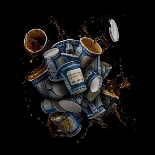 Multiple Anthora paper coffee cups with blue Greek diner design, some spilling liquid in a dynamic composition against black.
