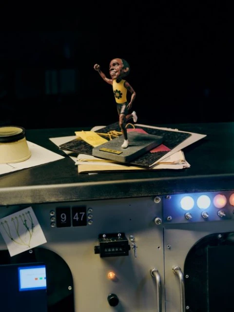 Bobblehead figurine of Usain Bolt on a machine-like surface with displays and buttons. The lighting is subdued, and the scene is mysterious.