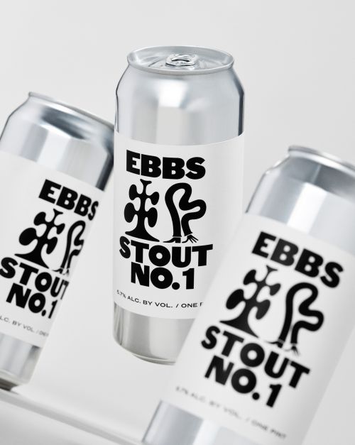 Three silver aluminum beer cans with white labels featuring black stylized logo and "EBBS STOUT NO. 1" against a white backdrop.