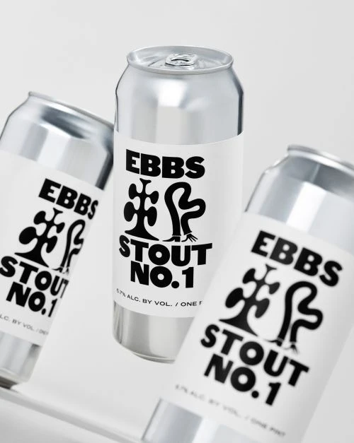 Three silver aluminum beer cans with white labels featuring black stylized logo and "EBBS STOUT NO. 1" against a white backdrop.