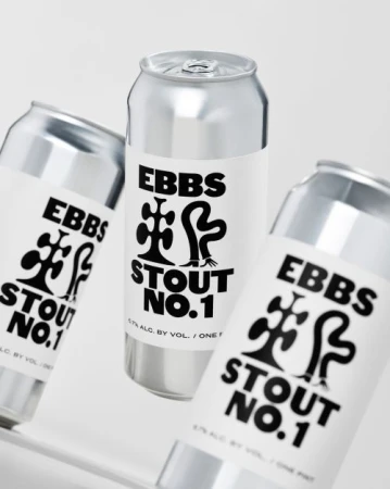 Three silver aluminum beer cans with white labels featuring black stylized logo and "EBBS STOUT NO. 1" against a white backdrop.