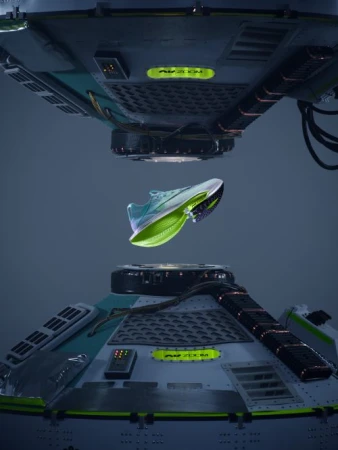 Product shot showcasing a light blue and neon green running shoe suspended between two futuristic metallic platforms with neon accents.