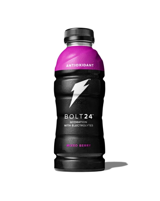 Black Bolt24 antioxidant hydration drink bottle with white lightning bolt logo and pink top on white background.