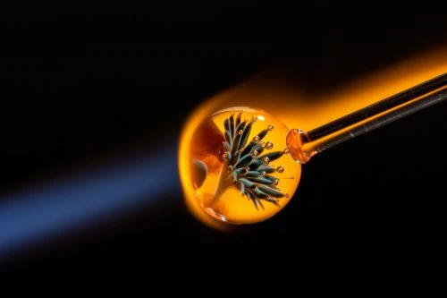 Close-up of a glassblowing process with molten glass on the end of a rod, illuminated by the bright yellow-orange flame of a torch against a black background.