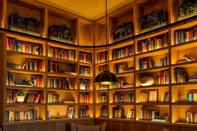 Illuminated library scene features a wall-to-wall bookshelf filled with books, plants, and a pendant light in a cozy interior setting.