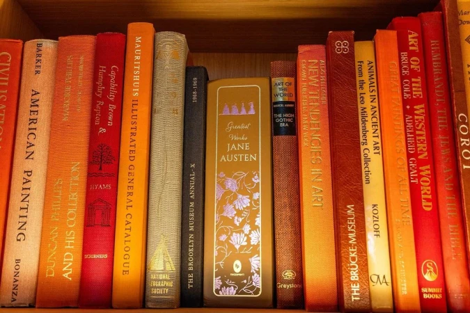 A shelf filled with colorful books of art, literature, and history, stacked tightly in a wooden bookshelf, creating a rich, textured display.
