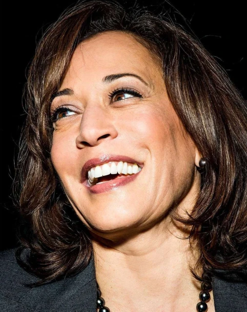 Close-up portrait of smiling woman with dark hair and beaded necklace against a dark background, captured in soft, diffused lighting.