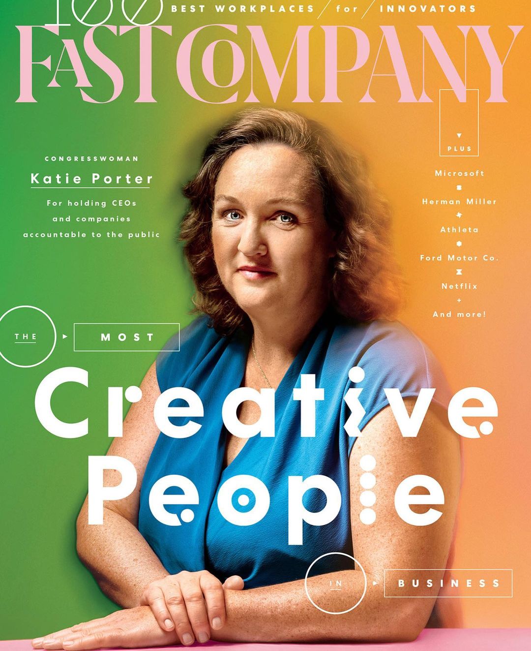 Magazine cover of Fast Company featuring Congresswoman Katie Porter, with bold typography and a color gradient background from green to orange.