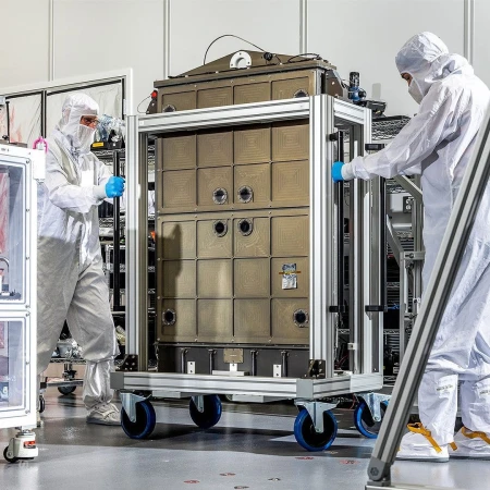 Two people in clean suits maneuvering a large, box-shaped metal container on a wheeled platform in a cleanroom environment.