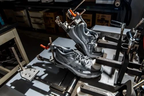 Two grey athletic shoes are secured in a metal testing apparatus in a lab setting, prepared for stress or durability testing.