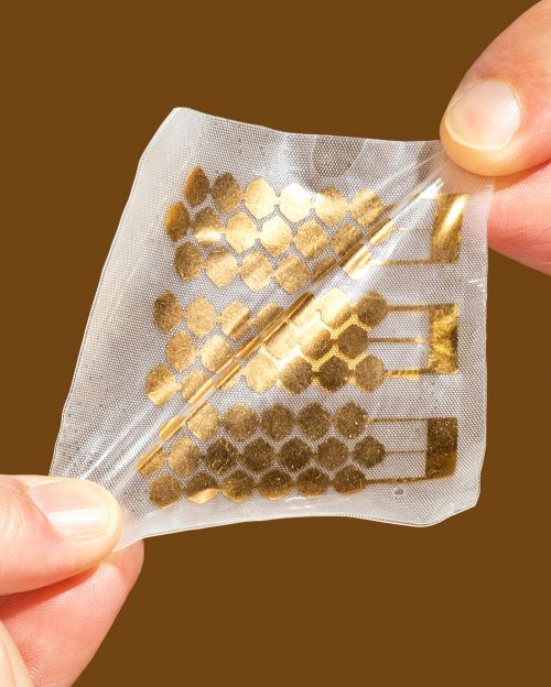 Close-up of a flexible transparent film featuring gold electronic circuits held by human fingers, set against a brown background.
