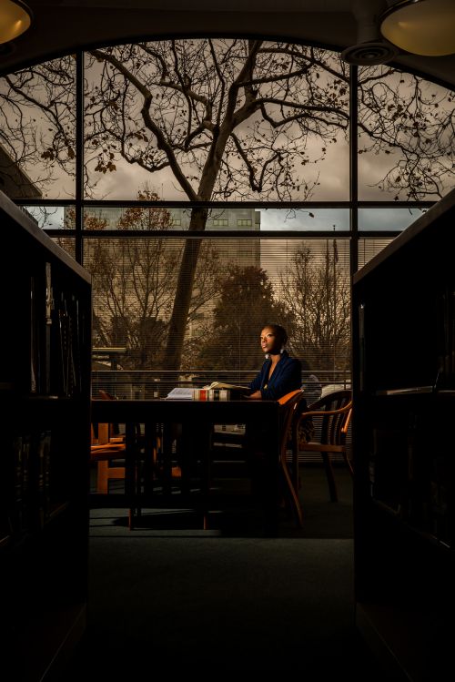 Adult woman sits at a table near a window in a library; bare trees and a cityscape visible through the window in natural, soft lighting.